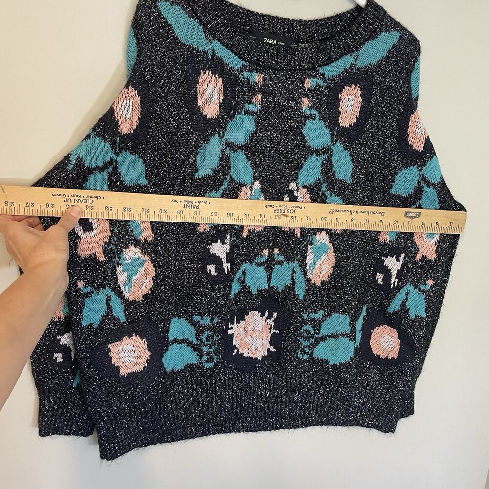 Zara Knit Floral Metallic‎ Oversized Sweater Women's Size S Shimmer Jacquard - Picture 5 of 8